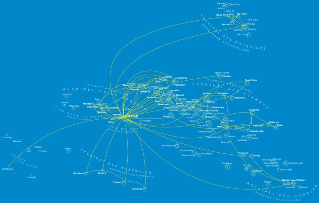 mapa de vuelos de air tahiti en la polinesia francesa